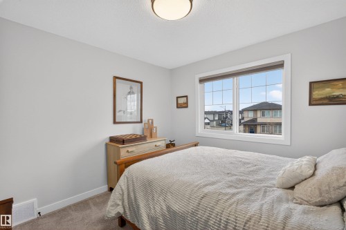 Carpeted room featuring a large multi-pane window with white trim, a built-in light fixture, and light gray wall paint - 53 Wingate Way, Fort Saskatchewan, AB - Indoor Photo Showing Bedroom