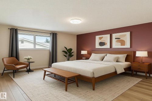 This inviting bedroom showcases light-toned flooring, a window providing natural illumination, and a striking accent wall - 4224 30 Street, Edmonton, AB - Indoor Photo Showing Bedroom
