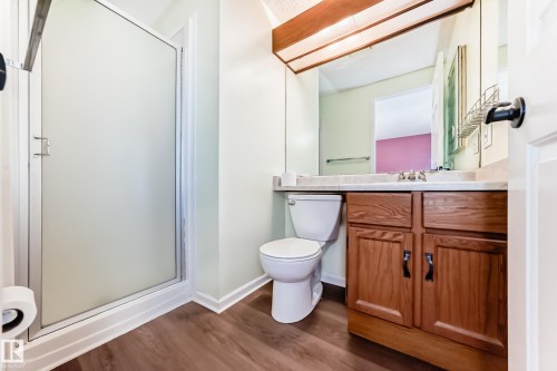 The bathroom features a shower with a frosted glass door, a vanity with a wood cabinet and light-colored countertop, and wood-look flooring - 4224 30 Street, Edmonton, AB - Indoor Photo Showing Bathroom