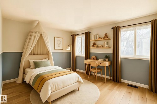 This room features hardwood flooring, two windows providing natural light, and a two-tone wall design - 4224 30 Street, Edmonton, AB - Indoor Photo Showing Bedroom