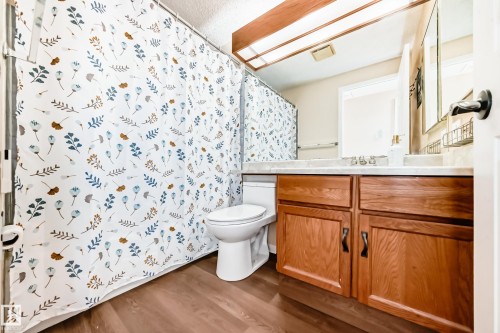 The bathroom features a vanity with a light-colored countertop and wooden cabinetry, a toilet, and a shower area with a curtain - 4224 30 Street, Edmonton, AB - Indoor Photo Showing Bathroom