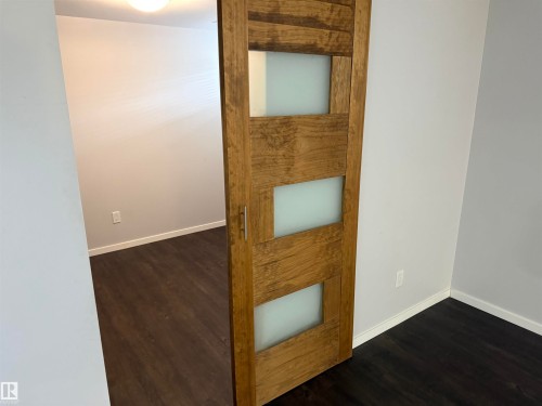 Rustic wood-finish barn door with frosted glass panels, dark wood-finish flooring, and white baseboards - 11948 132 Street, Edmonton, AB - Indoor Photo Showing Other Room