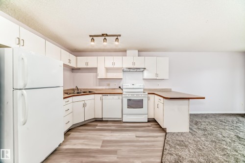 U-shaped kitchen featuring white cabinetry, light wood-finish countertops, and wood-finish flooring - 218 10535 122 Street, Edmonton, AB - Indoor Photo Showing Kitchen With Double Sink