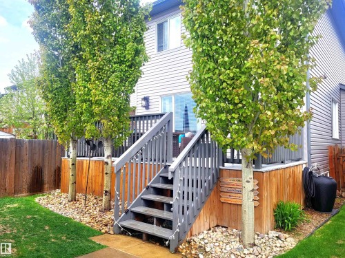 Rear exterior featuring a grey wood deck with stairs, surrounded by a wood privacy fence - 144 Kirpatrick Way, Leduc, AB - Outdoor With Exterior