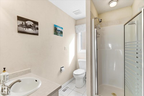Bathroom with a vanity, toilet, and a shower stall with a glass door - 128 Weaver Drive, Edmonton, AB - Indoor Photo Showing Bathroom