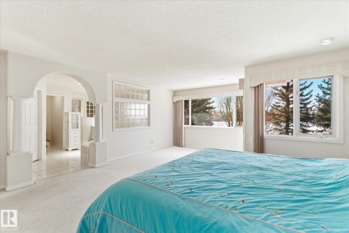 This expansive room features light-colored carpeting, large windows offering outdoor views, and a decorative archway with column details - 128 Weaver Drive, Edmonton, AB - Indoor Photo Showing Bedroom