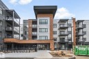 Contemporary multi-story building featuring a prominent central entrance and a mix of exterior finishes - 202 7459 May Common, Edmonton, AB  - Outdoor With Balcony With Facade 