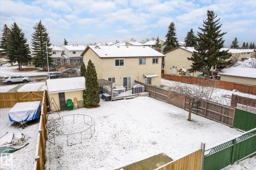 Spacious backyard featuring a privacy fence, mature trees, and a detached storage shed - 70 Stirling Road, Edmonton, AB - Outdoor