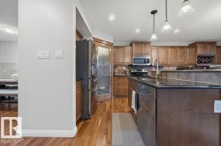 Kitchen featuring wood-finish flooring, dark stone countertops, stainless steel appliances, and abundant cabinetry - 