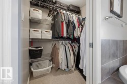 Walk-in closet featuring wire shelving, multiple hanging rods, and carpet flooring - 