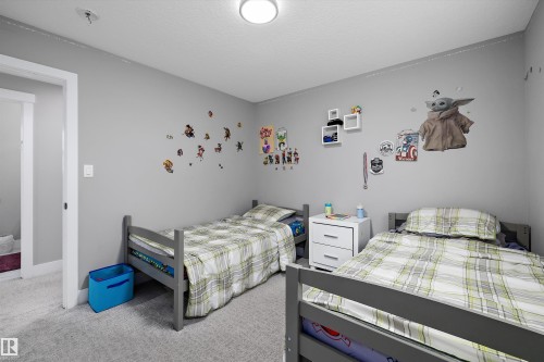 Spacious interior room with light gray walls, plush gray carpeting, and a white ceiling with a flush-mount circular light fixture - 714 Ebbers Place, Edmonton, AB - Indoor Photo Showing Bedroom