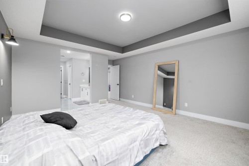 Spacious room with light gray walls, plush carpet, and a layered ceiling design - 714 Ebbers Place, Edmonton, AB - Indoor Photo Showing Bedroom