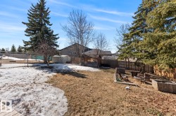 Expansive yard featuring mature evergreen trees, a mix of chain-link and privacy fencing, a storage shed, and a designated fire pit area with raised garden beds - 