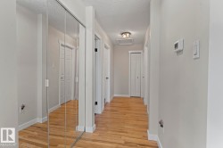 Hallway featuring wood-finish flooring, mirrored closet doors, a flush-mount ceiling light, white trim, and a wall-mounted thermostat - 