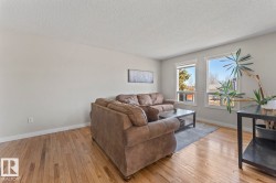 Living area featuring wood-finish flooring, light-toned wall paint, and two large windows - 