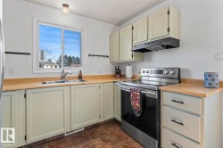 Kitchen featuring a stainless steel electric range, a double basin sink, light wood-finish countertops, and matching light-toned cabinetry with dark hardware - 
