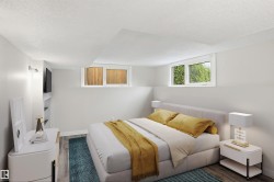 Room featuring two egress windows, built-in shelving, wood-finish flooring, and light-colored walls - 