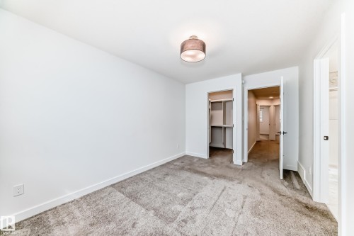 Carpeted room featuring a ceiling-mounted drum light fixture, baseboard trim, and a built-in closet with shelving - 38 1910 Collip View, Edmonton, AB - Indoor Photo Showing Other Room