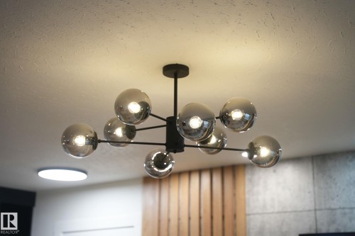 Modern semi-flush mount chandelier featuring smoked glass globes and a matte black finish - 13332 106 Street, Edmonton, AB - Indoor Photo Showing Other Room