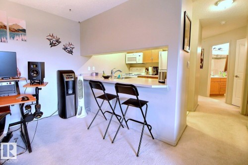 Kitchen pass-through with a light-colored countertop and an integrated sink - 413 279 Suder Greens Drive, Edmonton, AB - Indoor
