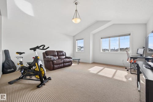 Spacious room featuring textured carpeting, multiple window placements with white trim, and sloped ceiling details - 8477 Sloane Crescent, Edmonton, AB - Indoor Photo Showing Gym Room