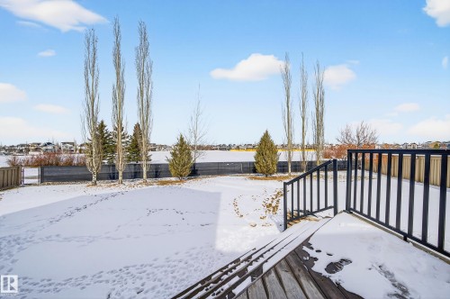 Expansive backyard with a wooden deck, black metal railings, and a fenced perimeter - 8477 Sloane Crescent, Edmonton, AB - Outdoor