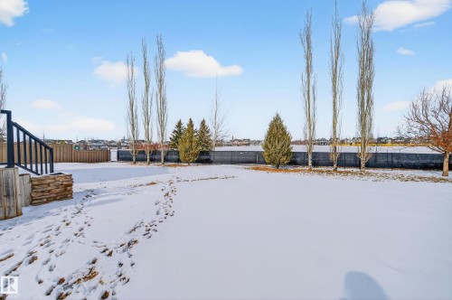 Generous backyard space with established perimeter fencing, mature trees, and a wooden deck with stone column accents - 8477 Sloane Crescent, Edmonton, AB - Outdoor With View