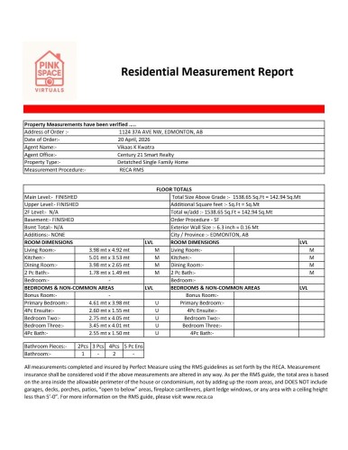 Residential Measurement Report. Itemizing property dimensions and floor area calculations - 1124 37A Avenue, Edmonton, AB - Other