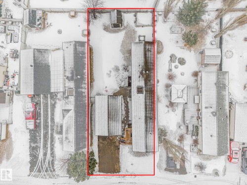 Aerial perspective showcasing the property's rectangular lot with established landscaping - 151 3400 48 Street, Stony Plain, AB - Other