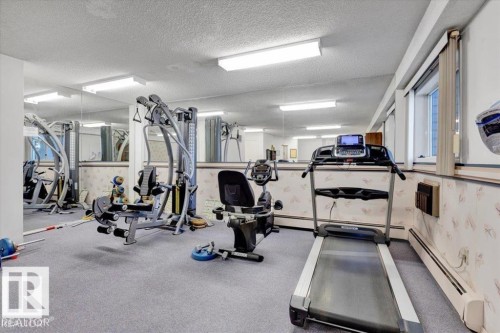 Carpeted fitness area with full-wall mirrors and multiple windows - 415 15503 106 Street, Edmonton, AB - Indoor Photo Showing Gym Room