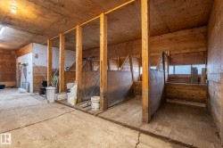 Interior barn space featuring multiple stalls with wood construction, concrete flooring, and an exposed wood ceiling - 