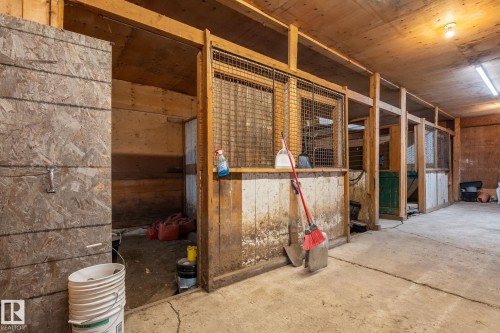 Interior barn stalls featuring wood construction and concrete flooring - 23127 Twp Rd 502, Rural Leduc County, AB - Indoor