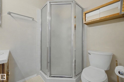 Corner shower enclosure with frosted glass panels and a chrome frame - 1542 54 Street, Edmonton, AB - Indoor Photo Showing Bathroom