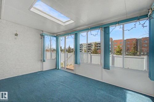 Sunroom featuring a skylight, full-height windows, sliding glass door, and blue carpet flooring - 1542 54 Street, Edmonton, AB -  Photo Showing Other Room