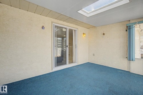 Enclosed patio space featuring a prominent skylight, blue carpeting, and a sliding glass door - 1542 54 Street, Edmonton, AB - Outdoor With Exterior