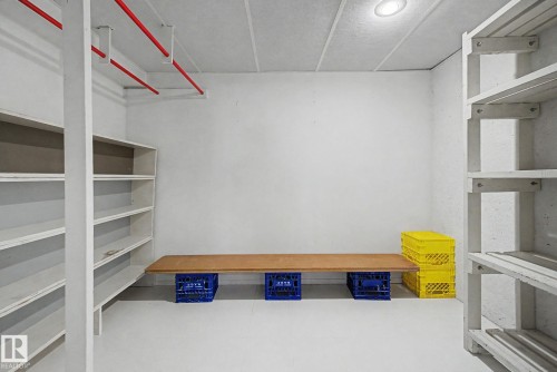 Storage room featuring extensive built-in shelving, a wood-finish counter, and a ceiling-mounted light fixture - 1542 54 Street, Edmonton, AB - Indoor With Storage