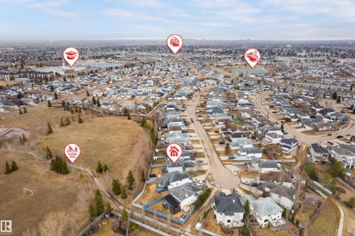 Aerial perspective showcasing a residential neighborhood with varied housing styles - 14755 131 Street Nw, Edmonton, AB - Outdoor With View