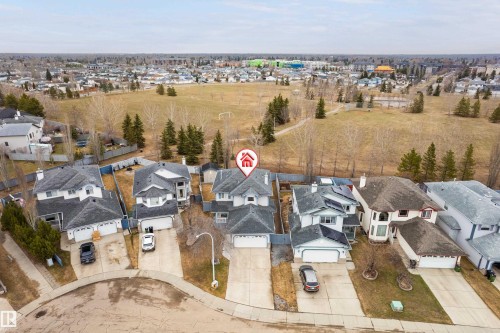 Aerial perspective showcasing a residential property with a multi-gabled roof and a two-car garage - 14755 131 Street Nw, Edmonton, AB - Outdoor With View
