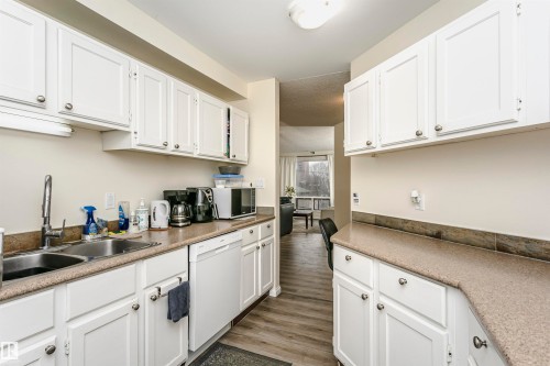 Galley kitchen featuring white cabinetry, stone-look countertops, a double basin stainless steel sink, and wood-finish flooring - 303 10026 112 Street, Edmonton, AB - Indoor Photo Showing Kitchen With Double Sink