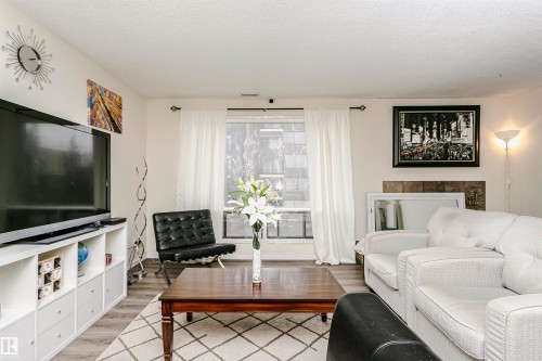 Living space featuring wood-finish flooring and a large window with white curtains - 303 10026 112 Street, Edmonton, AB - Indoor Photo Showing Living Room