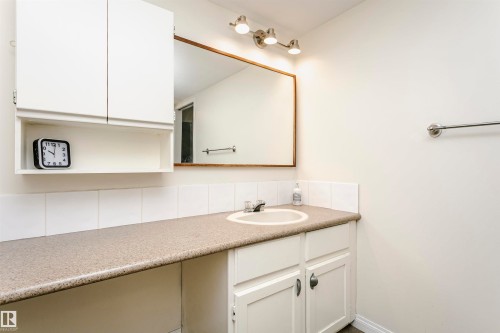 Bathroom vanity featuring an integrated sink, ample countertop space, lower cabinetry, and an upper cabinet with open shelving - 303 10026 112 Street, Edmonton, AB - Indoor Photo Showing Bathroom