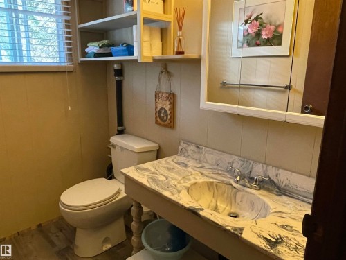Bathroom featuring a unique integrated basin and countertop with a swirling pattern - 650031 Range Road 185, Rural Athabasca County, AB 