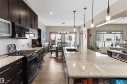 Open-concept kitchen featuring an expansive island with a built-in sink, pendant lighting, dark wood cabinetry, a gas range, and wood-finish flooring - 