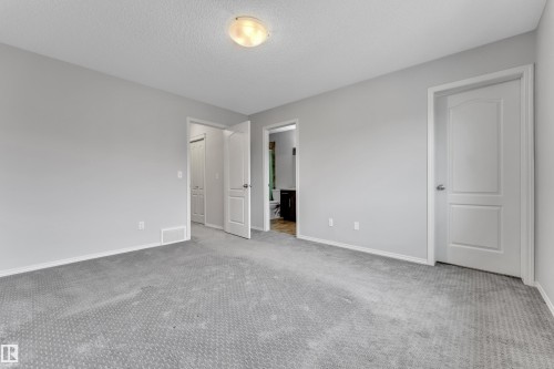 Spacious room featuring light gray wall paint, gray patterned carpeting, a white baseboard, a flush-mount ceiling light fixture, and white interior doors - 718 177 Street, Edmonton, AB - Indoor Photo Showing Other Room