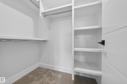 White walk-in closet featuring built-in shelving, multiple hanging rods, and light-colored carpet flooring - 