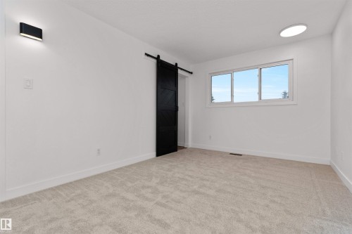 Spacious room featuring new carpeting, a contemporary black barn door, and a multi-panel window - 3208 130 Avenue, Edmonton, AB - Indoor Photo Showing Other Room