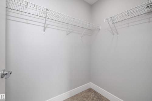 Walk-in closet featuring light gray walls, white wire shelving, white baseboards, and carpet flooring - 4235 Chichak Close, Edmonton, AB - Indoor With Storage