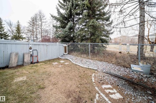 Fenced backyard featuring a gravel bed and mature evergreen trees - 50 14603 Miller Boulevard, Edmonton, AB - Outdoor