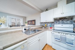 Kitchen featuring white cabinetry, a dual basin stainless steel sink, and a light-toned countertop - 