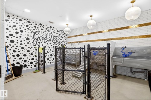 Dedicated pet grooming station featuring a "Good Dog" wall mural, white subway tile with gold trim, and spherical pendant lighting - 520 7463 May Common, Edmonton, AB - Indoor